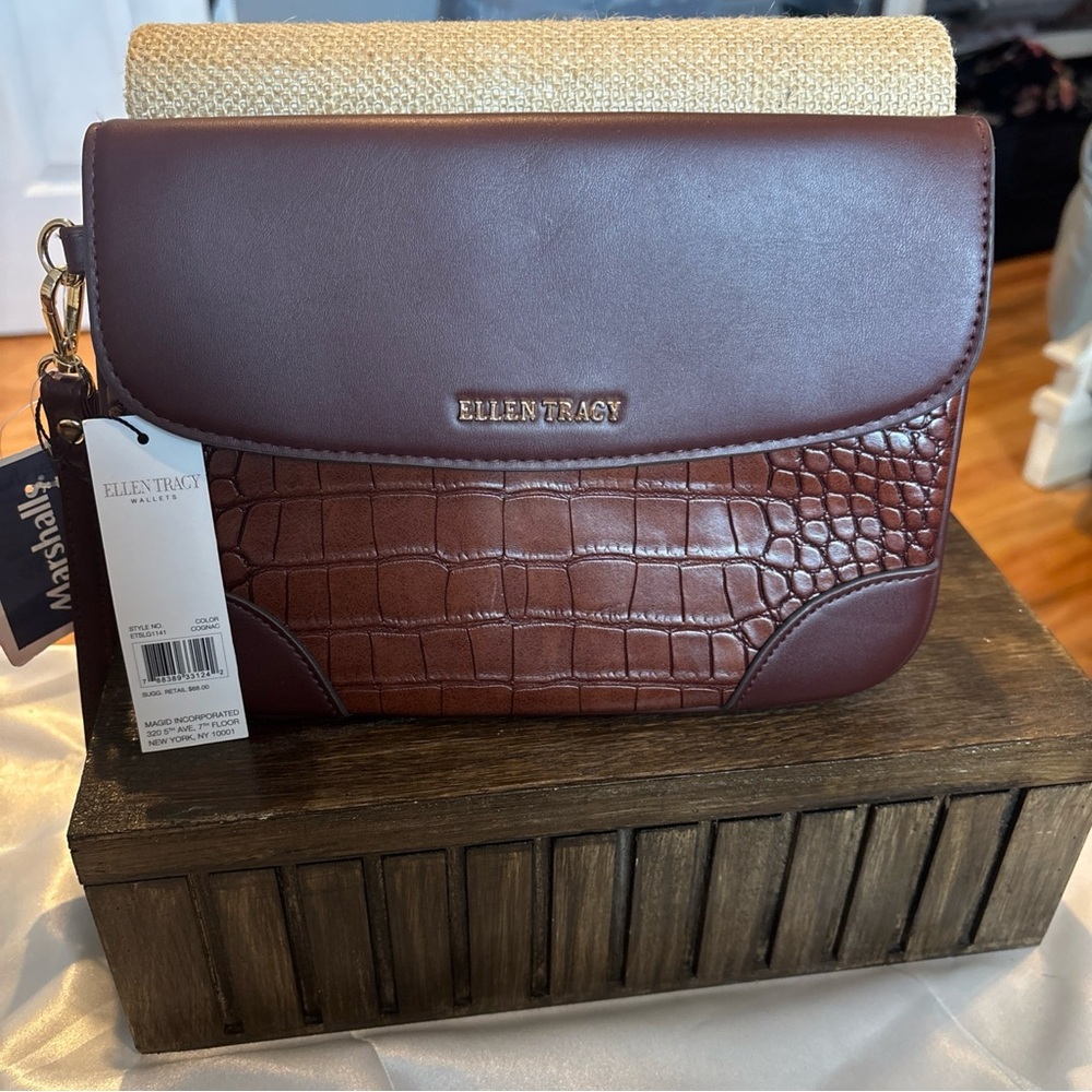 Ellen Tracy Dark Brown Croc-Pattern Messenger Bag